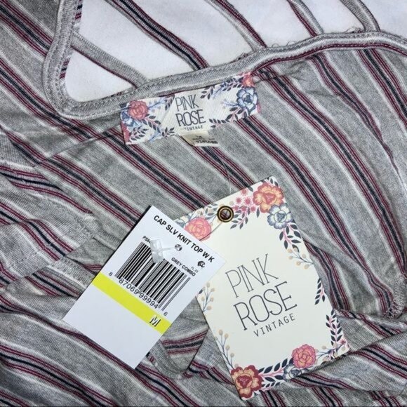 Pink Rose Vintage Cap Sleeve Knit Top W/ Keyhole Back Grey Combo Striped M New W - Picture 3 of 4
